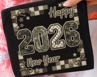 2026 Happy New Year PNG: Camo Patchwork Rustic Holiday Sublimation Art (Digital Download)