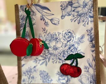 Blue floral toile canvas tote bag personalized bag with cherry keychain dangle change purse dangle with cherry bag charm chapstick holder