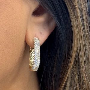 Diamond Hoop Earrings 14K Yellow Gold Rectangular Hoops