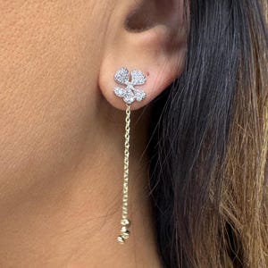Diamond Dangle Flower Earrings 14K Two Tone Gold
