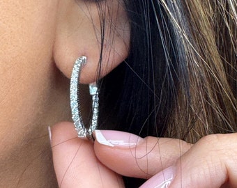 14K White Gold Diamond Hoop Earrings, Dainty Diamond Hoops, Gift for Her