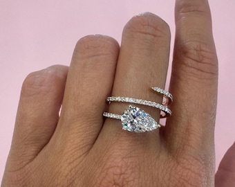 Lab Grown Pear Shaped Ring, 14K Gold Spiral Diamond Ring