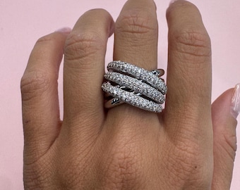 14K White Gold Diamond Criss-Cross Ring, Multi Band Statement Ring