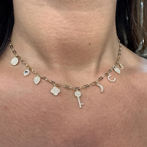 Multiple Charm Link 14K Yellow Gold Diamond Chain Necklace