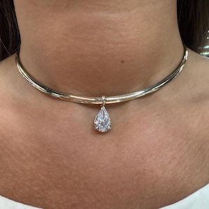 Lab Grown Diamond 14k Gold Choker with Pear Cut Diamond Pendant