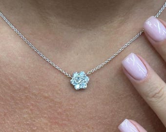 Diamond 14K Gold Cluster Flower Pendant Necklace
