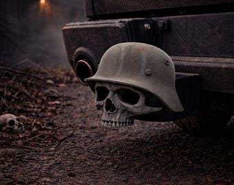 Tapa para enganche de remolque edición guerrero de acero (calavera de la Segunda Guerra Mundial) con conector de 50 mm / 2 pulgadas / estilo calavera y oscuro / impresión 3D en PETG