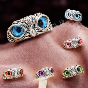 Fashion design uilenringen met veelkleurige ogen - zilveren verstelbare sieraden voor heren en dames