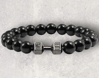 Gym Dumbbells Natural Stone Beads Bracelet - Barbell Weights Wristband for Men & Women