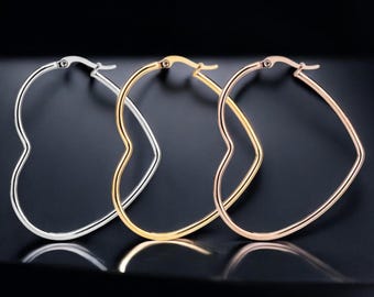 30-40-50-60mm Big Heart Hoop Earrings for Women - Stainless Steel Gold, Rose Gold, and Steel Colors