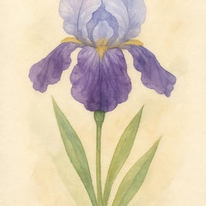 Peut inclure: Peinture à l'aquarelle d'une fleur d'iris unique. La fleur a des pétales violets avec une teinte bleu clair en haut, un centre jaune et des feuilles vertes. Le fond est d'un jaune pâle et doux.