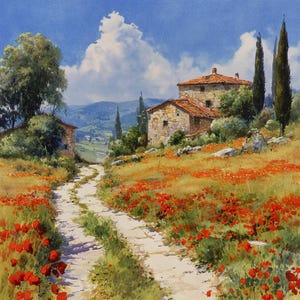 Può includere: Dipinto ad acquerello di un paesaggio toscano. Uno sterrato serpeggia attraverso un campo di papaveri rossi, conducendo a edifici in pietra con tetti di tegole rosse. Il cielo è blu con nuvole bianche.