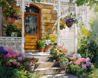 Cottage Garden Porch Cross Stitch Pattern - Floral House Embroidery PDF, Summer Country Home Needlepoint, Instant Download