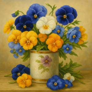 May include: A painting of a vase filled with colourful pansies. The flowers are in shades of blue, yellow, orange, and white. The vase is cream-coloured with a gold rim and a floral design. The background is a warm beige.