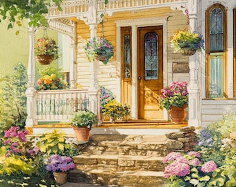 Cottage Garden Porch Cross Stitch Pattern - Floral House Embroidery PDF, Summer Country Home Needlepoint, Instant Download
