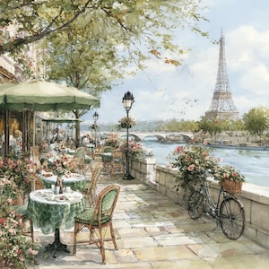 May include: An impressionistic painting of a Parisian cafe scene. The image features a cafe with green umbrellas, tables, and chairs, with the Eiffel Tower in the background. A bicycle with a basket of flowers is parked nearby.