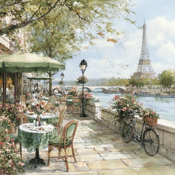 Paris Cafe Cross Stitch Pattern – Eiffel Tower & Riverside View – Romantic French Bistro Embroidery PDF Design