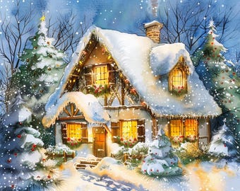 Christmas Cottage Cross Stitch Pattern, Winter Village House, Cozy Holiday Scene, Watercolor Style Embroidery PDF
