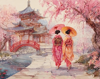 Geisha Cross Stitch Pattern PDF | Japanese Garden Embroidery | Cherry Blossom Needlepoint | Oriental Art | Instant Download