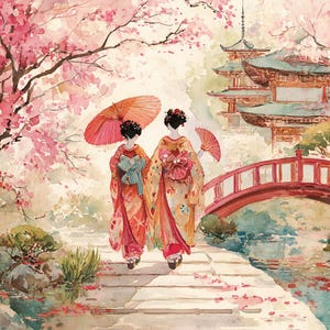 May include: Watercolour painting depicting two figures in Japanese kimonos walking on a stone path. They hold a parasol and a fan, with a red bridge and pagoda in the background. Cherry blossom trees frame the scene with pink flowers.