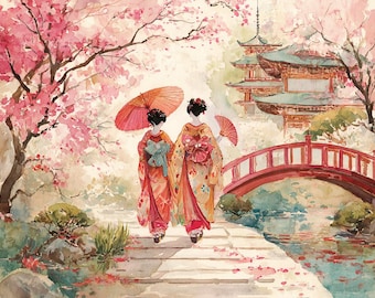 Geisha Cross Stitch Pattern PDF | Japanese Garden Embroidery | Cherry Blossom Needlepoint | Oriental Art | Instant Download