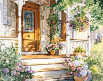 Cottage Garden Porch Cross Stitch Pattern - Floral House Embroidery PDF, Summer Country Home Needlepoint, Instant Download