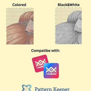 May include: Image showing two cross-stitch pattern schemes: colored and black & white. The image also includes the text "Included PDF schemes", "Compatibe with:" and "Pattern Keeper". The text "*size can be adjusted by request" is also included.