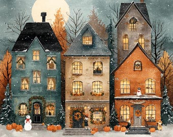 Christmas Street Cross Stitch Pattern, Cozy Winter Village Embroidery PDF, Holiday House Scene, Modern Xmas Needlepoint