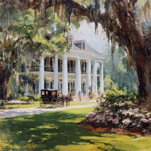 May include: An oil painting shows a large white mansion with columns, a horse-drawn carriage, and a horse on a green lawn. The scene is framed by trees and flowering bushes, creating a historical atmosphere.