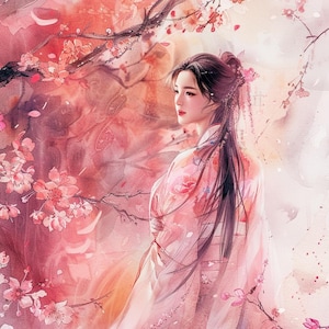 May include: Watercolor painting of a woman in a pink floral kimono, standing near flowering branches. The artwork features a soft, romantic color palette of pinks and reds, with delicate details and a serene atmosphere. The woman has long black hair.