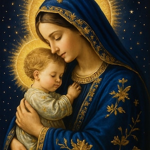 Könnte beinhalten: Ein religiöses Gemälde zeigt eine Frau in einem blauen Gewand, die ein Kind hält. Beide Figuren haben goldene Heiligenscheine. Der Hintergrund ist dunkelblau mit Sternen und einem Halbmond. Das Gewand der Frau ist mit Gold bestickt.