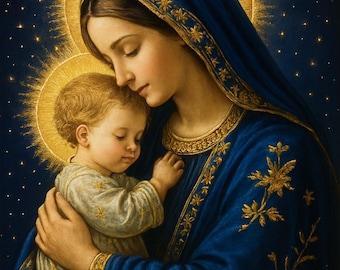 Jungfrau Maria mit Kind Kreuzstichmuster, Heilige Mutter und Baby Jesus, PDF-Download