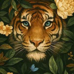 May include: A watercolor painting of a tiger's face with striking blue eyes, surrounded by lush green leaves and yellow flowers. The tiger's fur is a warm orange with black stripes, creating a vibrant contrast against the dark background.