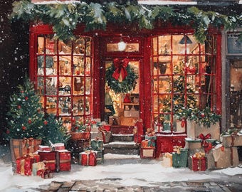 Vintage Christmas Storefront Cross Stitch Pattern | Holiday Shop Window Scene PDF | Snowy Winter Embroidery