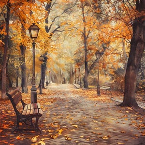 Può includere: Scena di un parco in autunno. Un sentiero in mattoni serpeggia tra alberi con foglie dorate. Una panchina in metallo nero e un lampione vintage sono in primo piano. Le foglie cadute ricoprono il terreno, creando un'atmosfera calda.