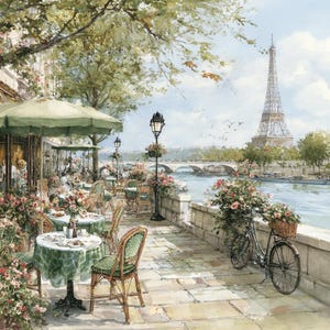 May include: An impressionistic painting of a Parisian cafe scene. The image features a cafe with green umbrellas, tables, and chairs, with the Eiffel Tower in the background. A bicycle with a basket of flowers is parked nearby.