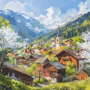 Puede incluir: Pintura de acuarela de un pueblo europeo en un valle, rodeado de montañas nevadas y exuberante vegetación. El pueblo presenta chalets de madera, una iglesia con un alto campanario y árboles en flor bajo un cielo azul.