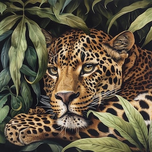 May include: A detailed illustration of a leopard resting among lush green leaves. The leopard's fur is a mix of tan and brown with black spots. Its eyes are a light brown, and it is partially hidden by the foliage.