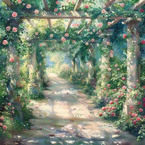 May include: A watercolour painting depicting a garden scene. A stone path winds through a pergola, adorned with climbing roses. Pink roses and green foliage decorate the columns and beams. Sunlight filters through, creating a soft, dreamlike atmosphere.