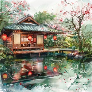 May include: Watercolor painting of a Japanese tea house with red lanterns hanging from the eaves. The tea house is set over a pond, surrounded by lush greenery and cherry blossom trees. The scene is reflected in the water.