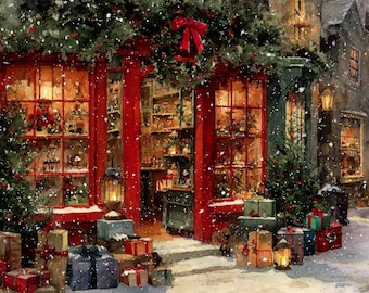 Vintage Christmas Storefront Cross Stitch Pattern | Holiday Shop Window Scene PDF | Snowy Winter Embroidery