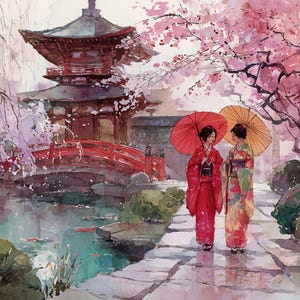 Peut inclure: Peinture à l'aquarelle de deux femmes en kimonos japonais traditionnels marchant sur un chemin de pierre, tenant des parapluies rouges et jaunes. Un pont rouge mène à une pagode, avec des fleurs de cerisier en fleurs.