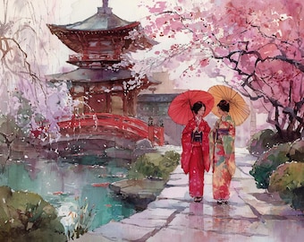 Geisha Cross Stitch Pattern PDF | Japanese Garden Embroidery | Cherry Blossom Needlepoint | Oriental Art | Instant Download