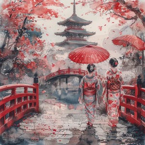 Könnte beinhalten: Aquarellmalerei einer japanischen Szene mit zwei Figuren in Kimonos, die auf einem Steinweg gehen. Eine rote Brücke und eine Pagode befinden sich im Hintergrund. Rote Schirme und Kirschblüten verleihen der Szene Farbe.
