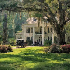 May include: An oil painting depicts a large white plantation house with columns, a carriage, and a group of people. The scene is set in a lush green landscape with trees and hanging moss, evoking a sense of Southern charm and history.