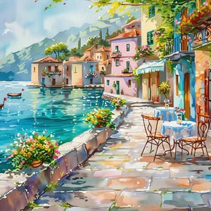 May include: Watercolour painting of a coastal scene with colourful buildings, a stone walkway, and a turquoise sea. Two small boats float on the water. Tables and chairs are set up on the walkway, and flowers adorn the buildings.