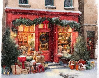 Vintage Christmas Storefront Cross Stitch Pattern | Holiday Shop Window Scene PDF | Snowy Winter Embroidery