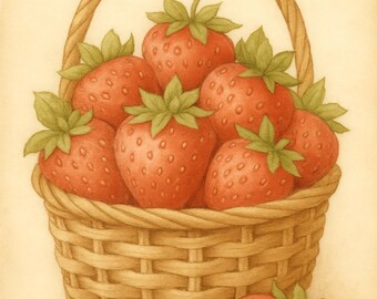 Panier de fraises motif point de croix - broderie de fruits vintage PDF, broderie moderne facile, téléchargement immédiat