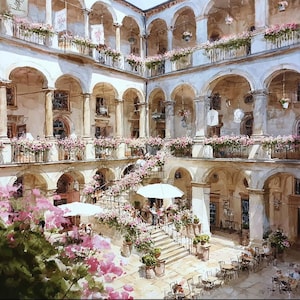 May include: Watercolor painting of a courtyard with multiple levels of arched walkways and balconies. Pink flowers cascade from the balconies and stairs. Tables and chairs are set up on the ground level, with white umbrellas providing shade.