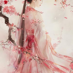 Puede incluir: Ilustración de una persona con un vestido tradicional asiático, en tonos rosa y blanco, adornado con motivos florales. La persona está rodeada de ramas de cerezo en flor con flores rosas y pétalos cayendo.